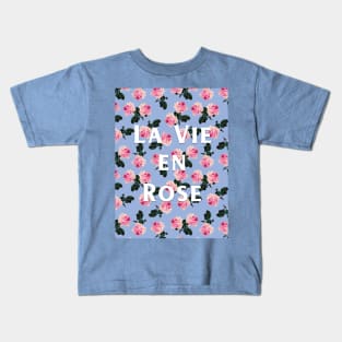 La Vie En Rose on blue - pink scattered vintage roses on blue Kids T-Shirt